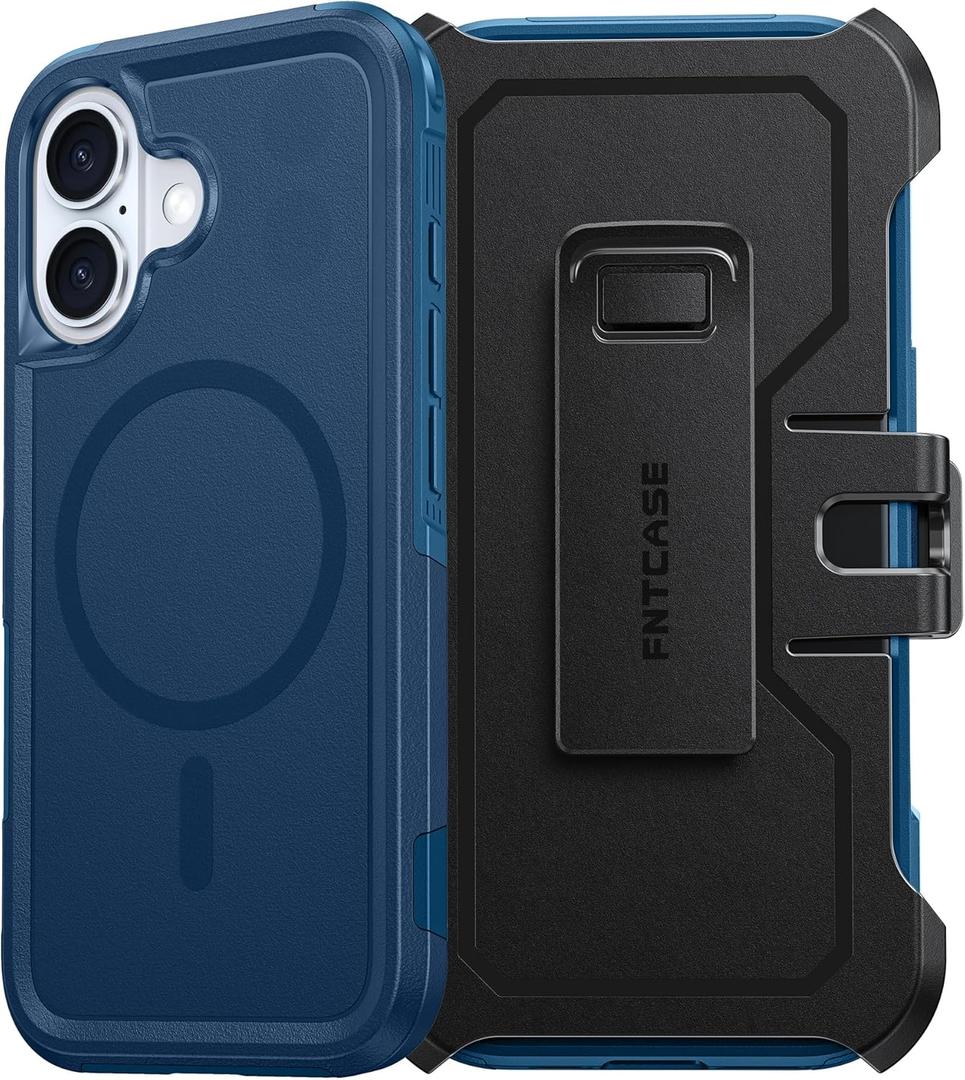 FNTCASE for iPhone 16 Magnetic Case: Dual Layer Shockproof Protective Cell Phone Cover with Rugged Belt-Clip Holster | Heavy Duty Military Grade Drop Protection Non Slip Textured Phonecase (Blue)
