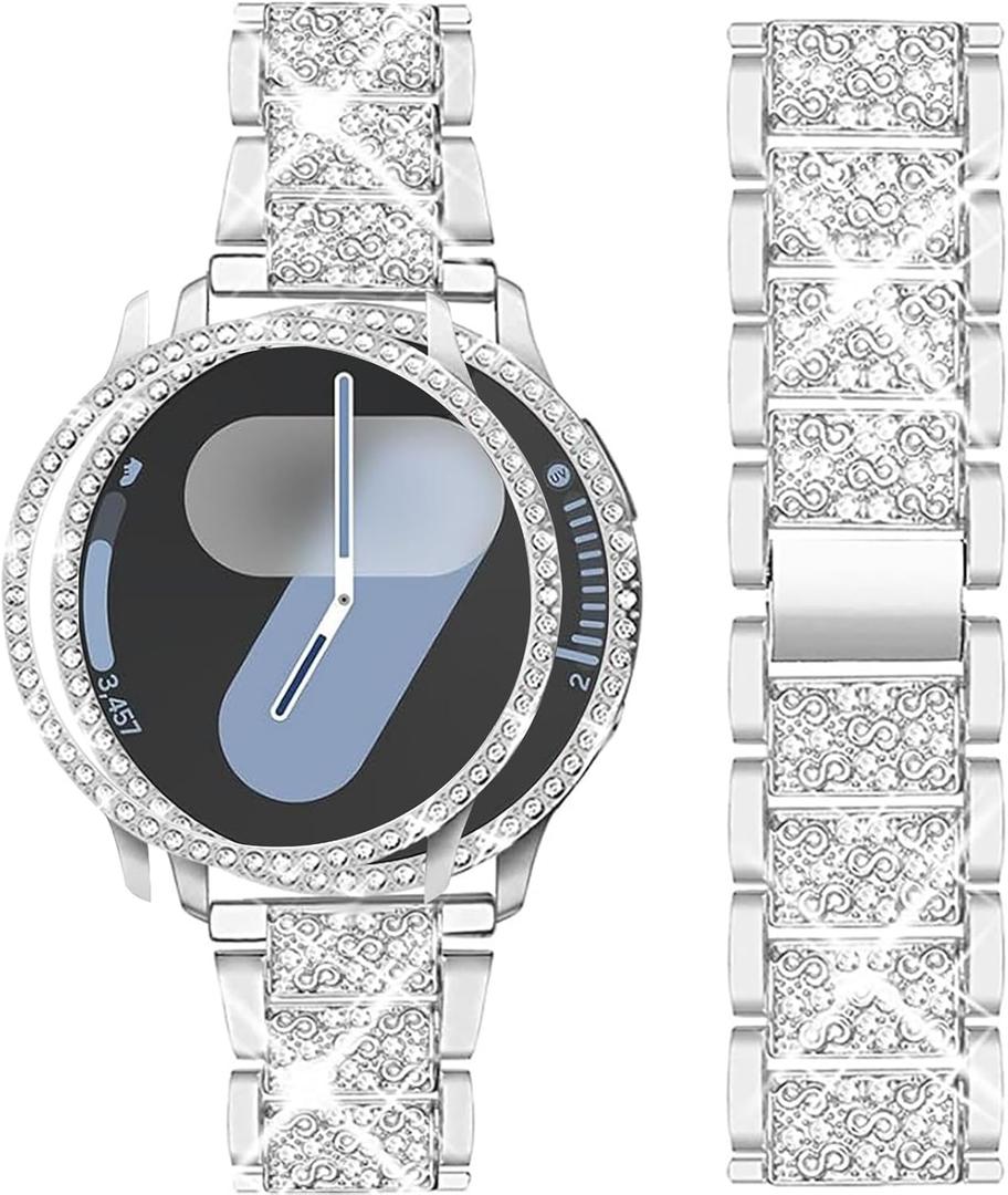 Mosonio Compatible with Samsung Galaxy Watch 7 Bands 40mm/44mm, 20mm Bling Metal Bands with Bling Protective Cover Case for Women, Shiny Watch Replacement Strap for Daily Wear (Silver)
