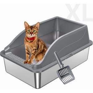 Stainless Steel Litter Box, High Sided, Anti-Urine Leakage Non-Stick Non-porous stainless steel resists odor absorption, while high sides help contain litter and urine splashes, 
Size	X-Large