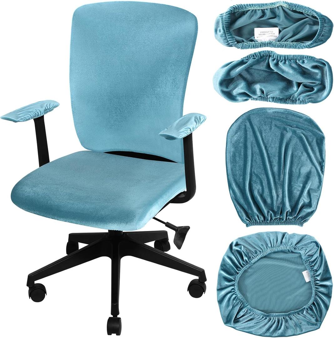 Tallew 4 Pcs Office Chair Covers Set Computer Universal Protective Stretchable Chair Seat Covers Desk Armrest Slipcovers Pads Office Cushion Backrest for Rotating(Lake Blue)