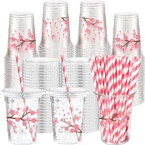 50 Sets Pink Cherry Blossom Party Supplies Cherry Blossom Plastic Cups with Lids and Straws 16 oz Clear Floral Disposable Drinking Cups Bulk for Spring Birthday Baby Shower Party Supplies