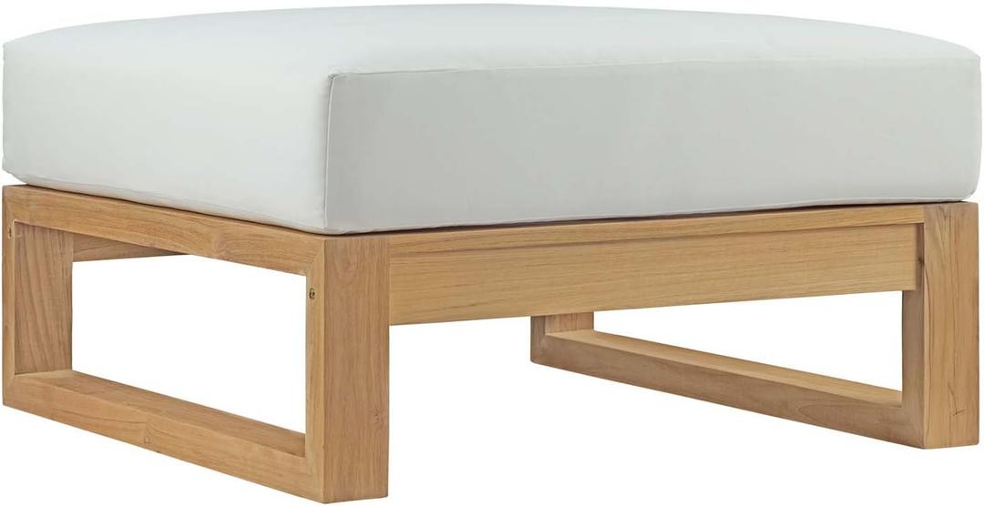 Modway Upland Teak Wood Outdoor Patio Ottoman with Cushions in Natural White