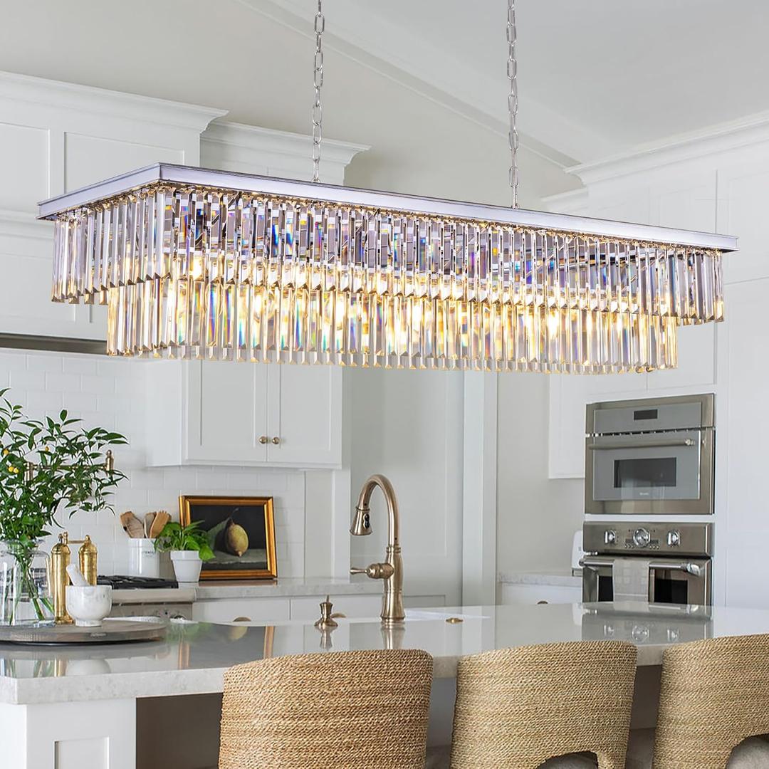Wellmet Chrome Chandelier 57 inch, 13-Light Modern Rectangular Crystal Chandelier Ceiling Hanging, Linear Chandeliers Light Fixture for Living Room, Dining Room, Bedroom, Kitchen Island
