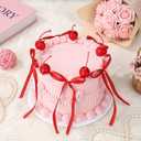 Shappy Cherry Bow Cake Decoration Pink Fake Cake with Realistic Artificial Cherries Toppers and Bows Coquette Room Decor for Birthday Wedding Bridal Shower Party Supplies Dessert Display Photo Props