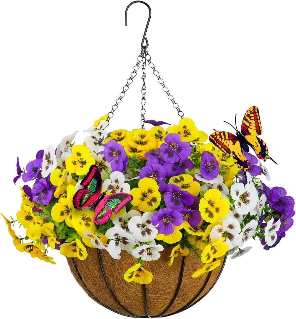 SupBri Artificial Pansies Hanging Flowers with Basket & 2 Fake Butterflies, Silk Flowers for Outdoor Spring Summer Decor, UV Resistant Hanging Plants for Garden Porch Patio (1 Set