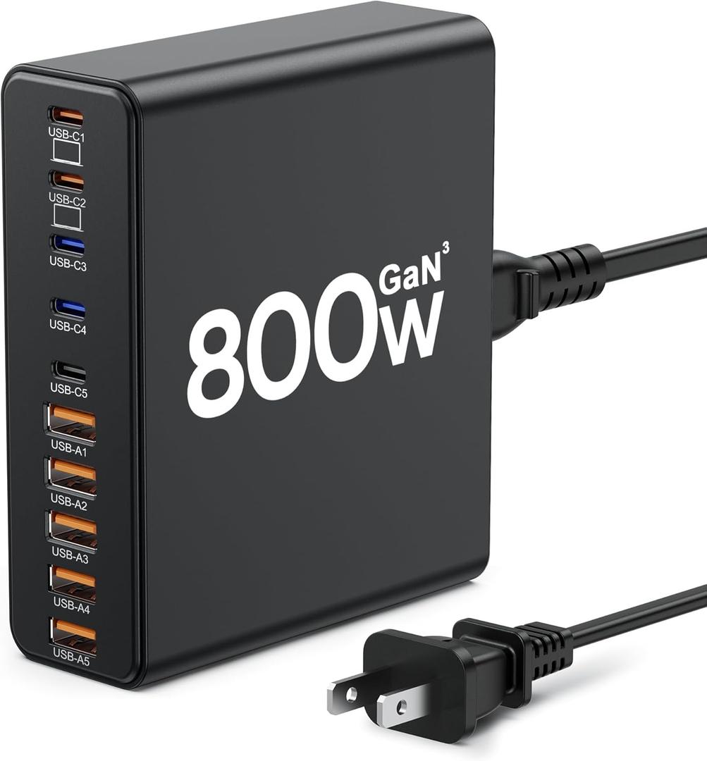 USB C Charger Block,10-Port Charging Station GaN Fast Charging Type C & USB A Wall Charger Adapter for MacBook Pro/Air, iPhone, iPad, Dell XPS (Bright Black)