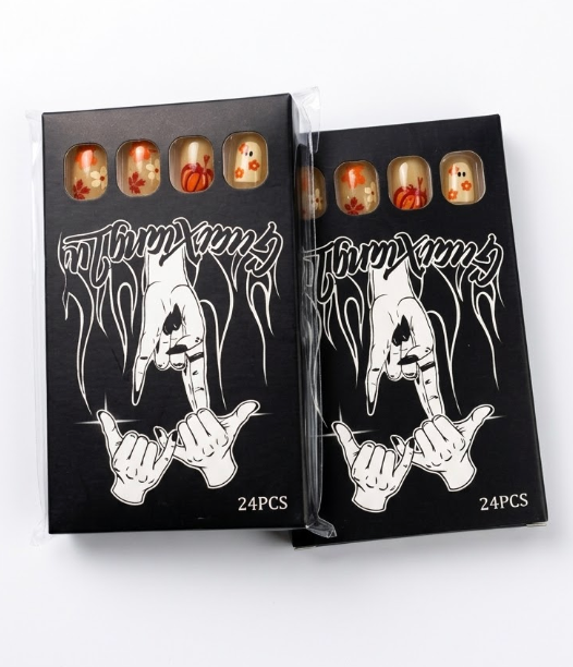 Halloween Press on Nails Short Square Black French Fake Nails with Design Ghost Glue on Nails Pumpkin Nails Press ons Gold Glitter Stick on Nails Full Cover Acrylic Nails for Women Girls 24 Pcs