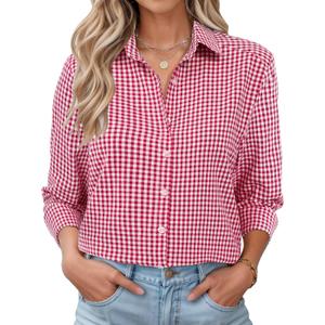 LOMON Womens Long Sleeve Button Down Shirts Casual Loose Fit Cotton Collared Blouses (Red, S)