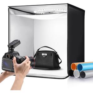 Light Box Photography 24 x 24'' Large Photo Studio Light Box with 224 Adjustable Ring LED Strip, 5 Color Backdrops, Diffuser Photo Booth Machine for Professional Shooting Product Tent Kit