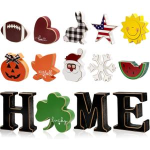Interchangeable Home Table Signs with 11Pcs Seasonal Icons, Wooden "HOME" Letter Signs Interchangeable Holiday Decorative Table Shelf Centerpiece for Holiday Room Decoration