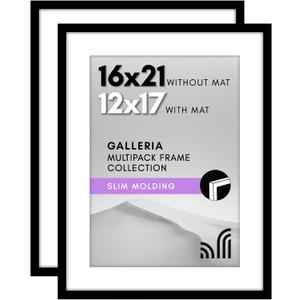 Americanflat 16x21 Picture Frame with Polished Plexiglass - Set of 2 - Use as 12x17 Frame with Mat or Display 16x21 Photo Without Mat - Galleria Collection - Picture Frames for Wall Display - Black