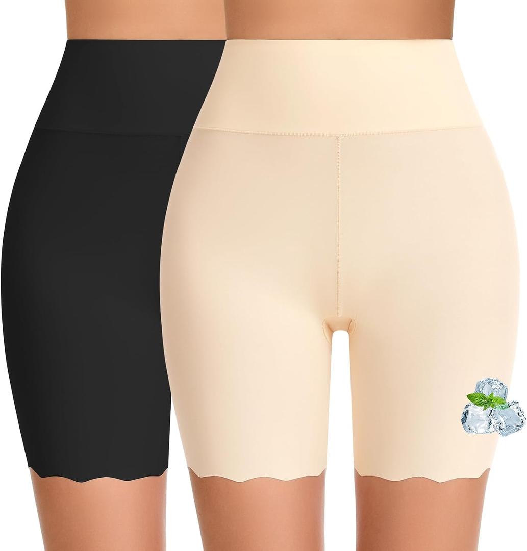 FRESBEIT Cooling Slip Shorts for Under Dress Women Anti Chafing Seamless High-Wasited Shapewear Short Workout Biker Shorts (Beige, XL)