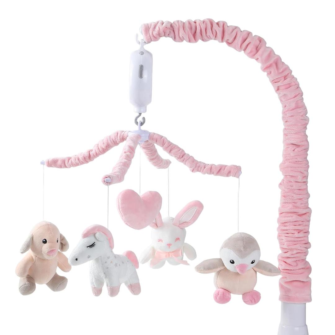 JOLLITO Crib Mobile for Girls, Soft Pink Musical Baby Crib Mobile with 12 Lullabies, Rotating Arm and Detachable Plush Animal Toys, Nursery Decor Baby Mobile for Crib Toys Bassinet