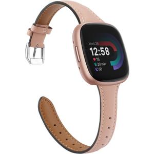 Moolia Compatible with Fitbit Versa 4/Versa 3/Sense 2/Sense Band for Women Slim Strap, Top Grain Genuine Thin Leather Replacement Wristband for Women for Versa 4/Versa 3 Watch Band, Sand Pink