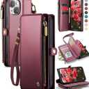 Defencase Compatible with iPhone 14 Plus Case Wallet with RFID Blocking Card Holder for Women Men, PU Leather Magnetic Snap Flip Zipper Strap Wallet Phone Case Fit for iPhone 14 Plus 6.7", Wine Red