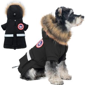 PINA Small Dog Coats - Waterproof, Winter, Snow Jacket with Faux Fur Hood & Pocket (S(Chest 17.7"), Black)