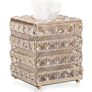 Sumnacon Crystal Square Tissue Box Cover - Sparkling Cube Glass Tissue Box Holder, Decorative Facial Tissue Holder for Bedroom Bathroom Dresser Night Stand Table Office Home Decor, Gold