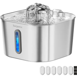 Cat Water Fountain Stainless Steel74oz/2.2L SARPAWS Water Fountains for Cats Indoor, Cat Fountains for Drinking, Ultra-Quiet, Water Level Window, Pet Water Fountain - 6 Filters + 3 Sponges