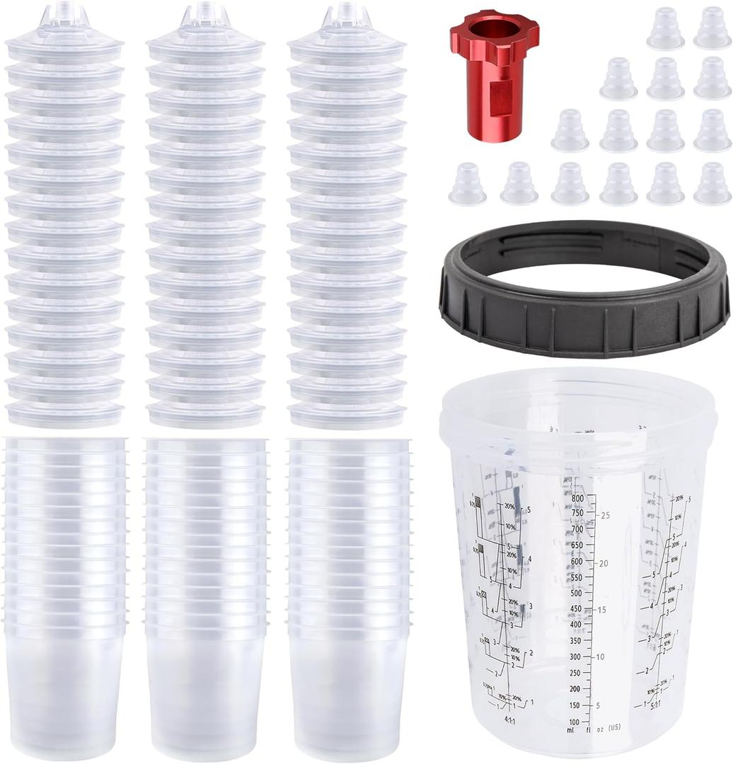 Disposable Paint Gun Cup, HVLP Paint Sprayer Gun Mixing Cups (27 Ounce Kit-45PCS Adapter)