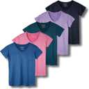 Real Essentials 5 Pack: Women's Short Sleeve V-Neck Activewear T-Shirt Dry-Fit Wicking Yoga Top, (2X)