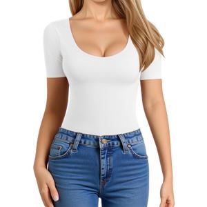 MANGOPOP Women's Scoop Neck Slim Fitted Short Sleeve Long Sleeve Double Lined T Shirt Tight Basic Tops Y2K Tee (X-Large)