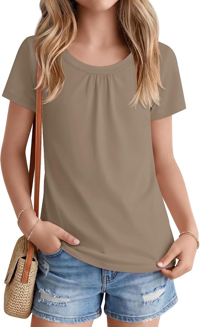 Girls' Short Sleeve T-Shirts | Scoop Neck Shirts, Summer, Sizes 5-14Y, Casual, Basic Tees, Tween, Lightweight, Soft, Loose Fit, Pleated, Cute