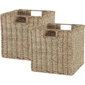 Vagusicc Wicker Storage Basket, Set of 2 Seagrass Storage Baskets, Foldable Wicker Basket 9 Inch Square Cube Storage Bins Storage Baskets for Organizing Shelf Baskets, 9''x9''x9''