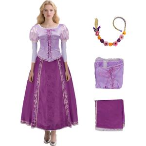 Rapunzel Dress Princess Costume for Women Purple Lepe Cosplay Tops Skirt with Braided Wig Headbands for Halloween (Small)