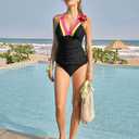 ZAFUL Tankini Swimsuits for Women Tummy Control Halter Neck Mid Waist Ruched Color Block Two Piece Bathing Suits Swimwear(1-Black, S)