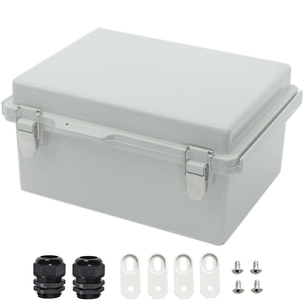 TICONN Junction Box ABS Plastic Dustproof Waterproof IP67 Electrical Boxes Hinged Shell Outdoor Universal Project Enclosure Grey, Stainless Steel Buckles 8.7 x 6.7 x 4.3 Inch