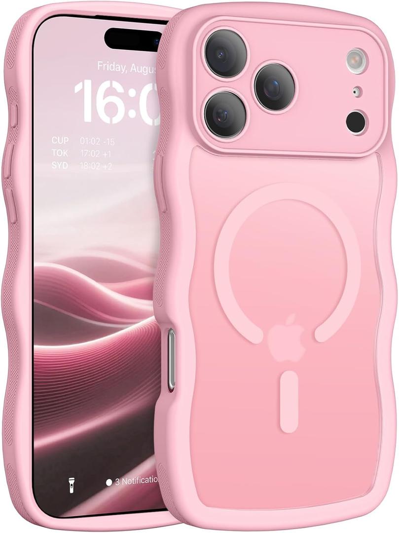 BENTOBEN Magnetic for iPhone 17 Pro Max Case, Cute Wavy [Full Camera Protection][Compatible with MagSafe] Matte Anti-Slip Bumper Women Girls Boys Protective Cover for 17 ProMax 6.9", Light Pink