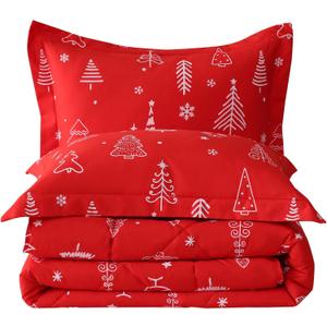 JSD Red Kids Christmas Comforter Set Twin Size, 2 Piece Xmas Tree Printed Microfiber Bedding Set, Machine Washable