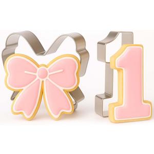 Honeydak Pink Bow Birthday Party Supplies 2 Pcs 5 Inch Bow Cookie Cutter Number One Cookie Cutter Baking Mold Metal Sandwich Pancake Fondant Cake Mold First Birthday First Anniversary Wedding Party