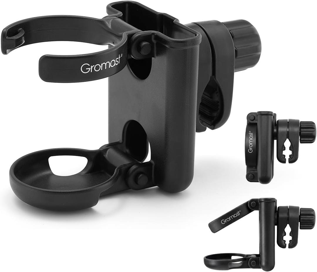Gromast 2 in 1 Foldable Stroller Cup Holder + Phone Holder, 360Rotatable with Adjustable Clip, Universal Cup Holder for Stroller, Wheelchair, Bike, Walker, Scooter, Tricycle - Black