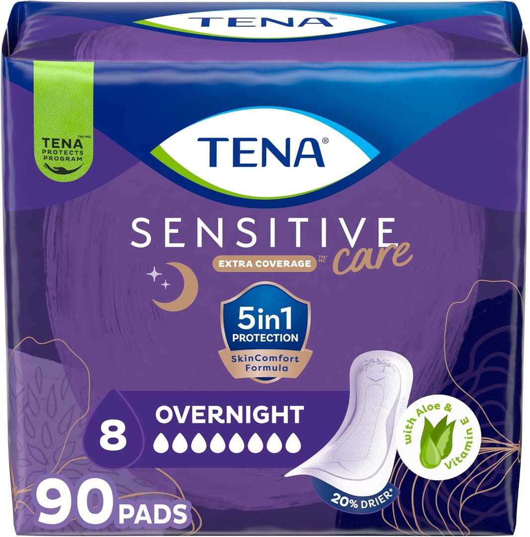 TENA Sensitive Care Incontinence Pads, Bladder Control & Postpartum for Women, Overnight Absorbency, Extra Coverage, 90 Count