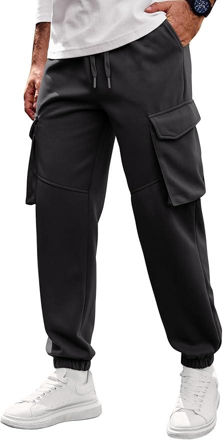 Men Cargo Pockets Joggers Athletic Sport Elastic Waist Sweatpants (Small, Black)