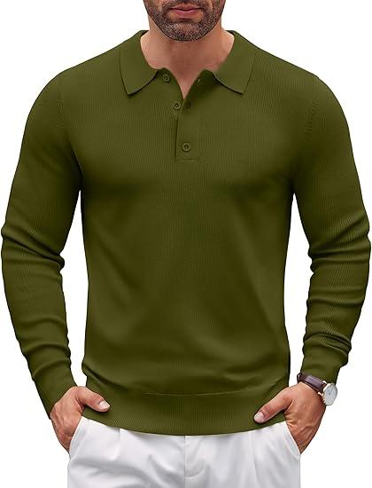 COOFANDY Men's Long Sleeve Polo Sweater Classic Knitted Sweater Pullover Golf Polo Sweater Business Party Army Green, Medium