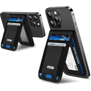 For Magsafe Wallet Stand, Strongest Magnetic Wallet for iPhone 17/16/15/14/13/12 Series, ID Window, 4 Card Slots, Fit 9 Cards, Vegan Leather, RFID Blocking, Black Carbon Fiber