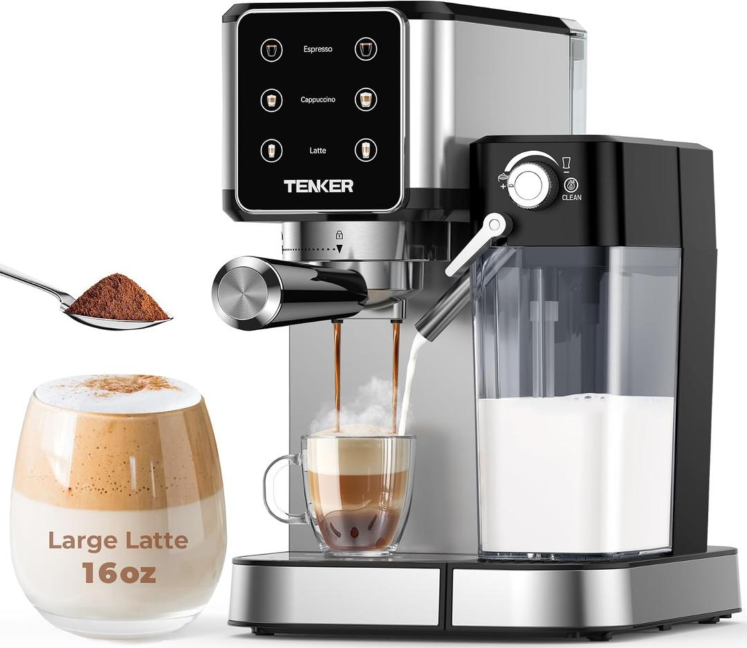 TENKER Espresso Machine 20 Bar, Cappuccino Machine with Automatic Milk Frother, Latte Machine in Stainless Steel Design, 1350W Touchscreen Coffee Maker for Home and Office (Silver)