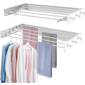Upgrade 6 Knob Hooks Wall Mounted Drying Rack: Wide Collapsible Laundry Drying Racks, 5 Aluminum Rods, 9.9 Linear Ft Drying (39", Circle Hook)