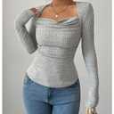 SHENHE Women's Long Sleeve Cowl Neck Shirts Draped Slim Fit Y2k Going Out Tops Blouses Light Grey Medium (M)
