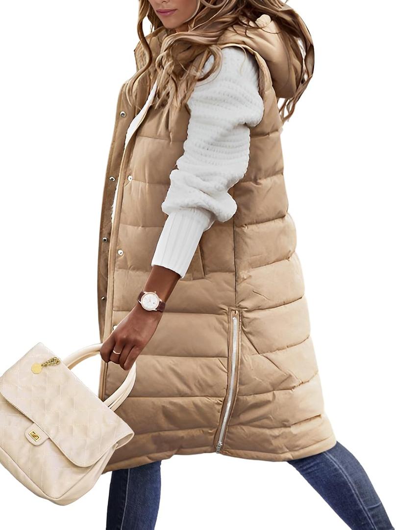 HEEKPEK Womens Puffer Vest Winter Hooded Sleeveless Zip Up Long Puffy Jacket Warm Thick Quilted Coats with Pockets (XX-Large, Khaki)