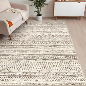 3x5 Washable Moroccan Area Rug: Soft Boho Non-Slip Geometric Rugs for Entryway Neutral Stain Resistant Indoor Floor Carpet for Bedroom Modern Farmhouse Carpets for Living Room Kitchen Beige/White (3'x5')
