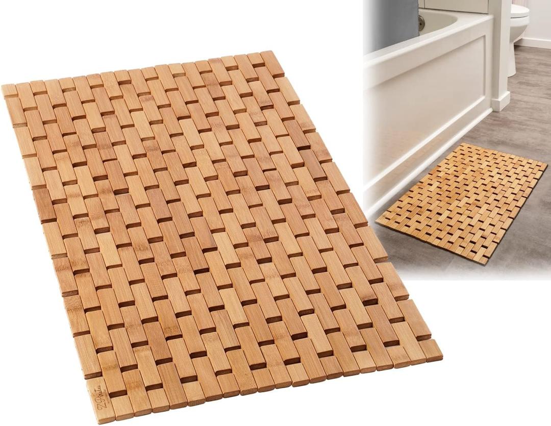 Bamboo Bath Mat - Wooden Bathroom Mat, Foldable Bathmat, Accessory for Sauna Spa Tub Steps and Floors - 24 x 16 x 0.4 Inches [LxWxH]