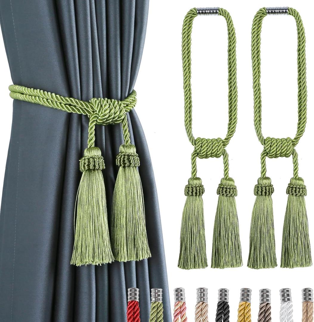 Fenghuangwu Magnetic Curtain Tiebacks Tassel Curtain Tieback Modern Handmade Tie Backs,Decorative Tassel Holdback for Draperies,Window Decor (Green, 2 Pack)