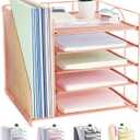 Desk Organizers and Accessories, 5-Tier Paper Letter Tray Organizer with File Holder, Desktop Organizer for Office Supplies, Office Desk Accessories & Workspace (Rose Gold)