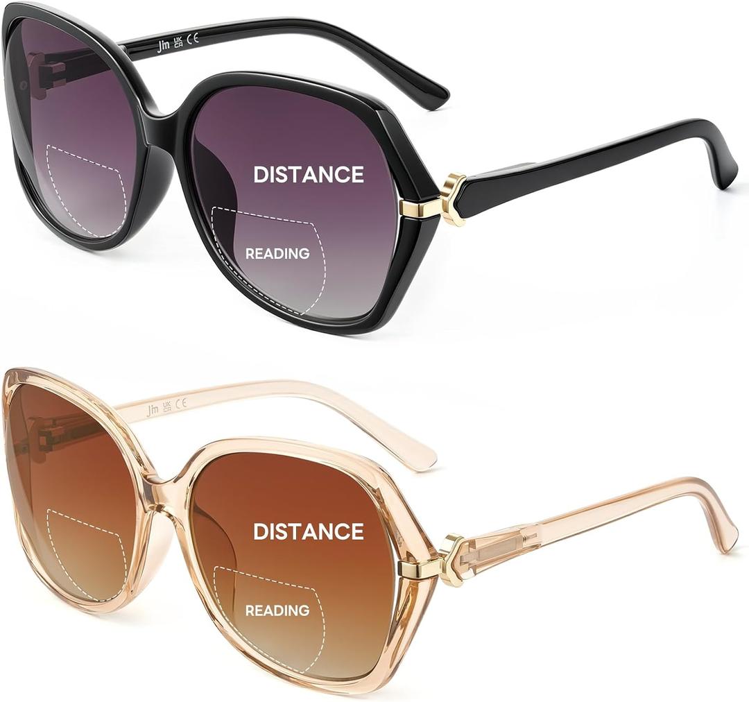 JM 2 Pack Bifocal Reading Sunglasses for Women, Fashion Oversized Sun Readers UV400 Protection Spring Hinges +3.50(Black&Brown)