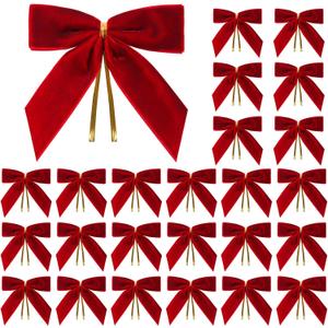 Utehilly 24 Pcs Red Small Velvet Christmas Bows for Christmas Tree, Wreath, Gift Wrapping, Crafts, Wedding, Party, Twist Tie Bows for Treat Bag Bakery Candy Bags, Home Decor 1" W,3.5 x 3.5 inch