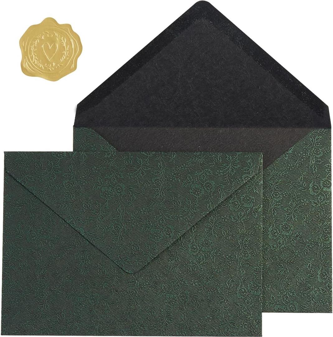 50 Pieces A7 Envelopes 5x7, Dark Green, Flower Pattern, Luxury Mailing Envelopes with Gold Stickers for Invitations, Wedding, Graduation, Baby Shower