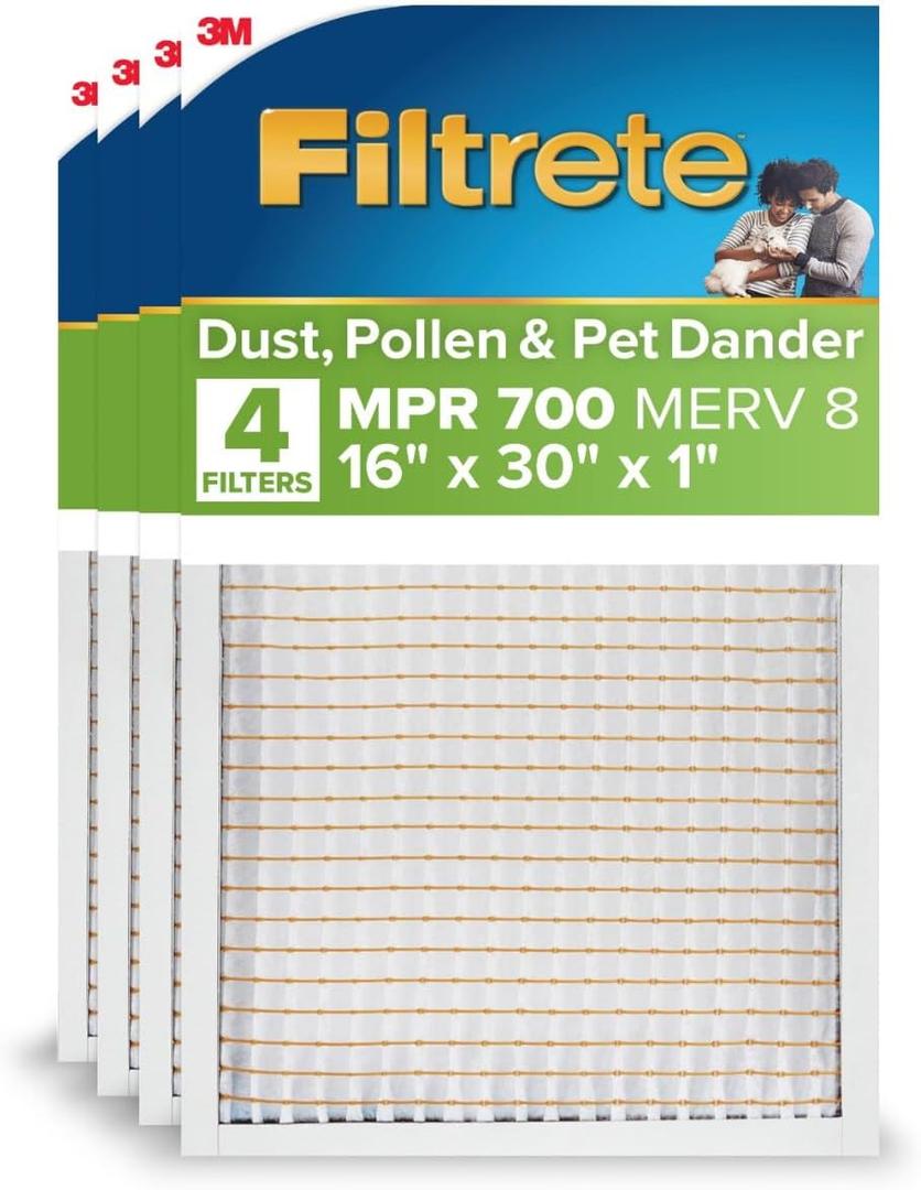Filtrete 16x30x1 AC Furnace Air Filter, MPR 700, MERV 8, Tough on Pollen, Easy on Airflow, 3-Month Pleated 1-Inch Electrostatic Air Cleaning Filter, 4-Pack (Actual Size 15.81 x 29.81 x 0.81 in)